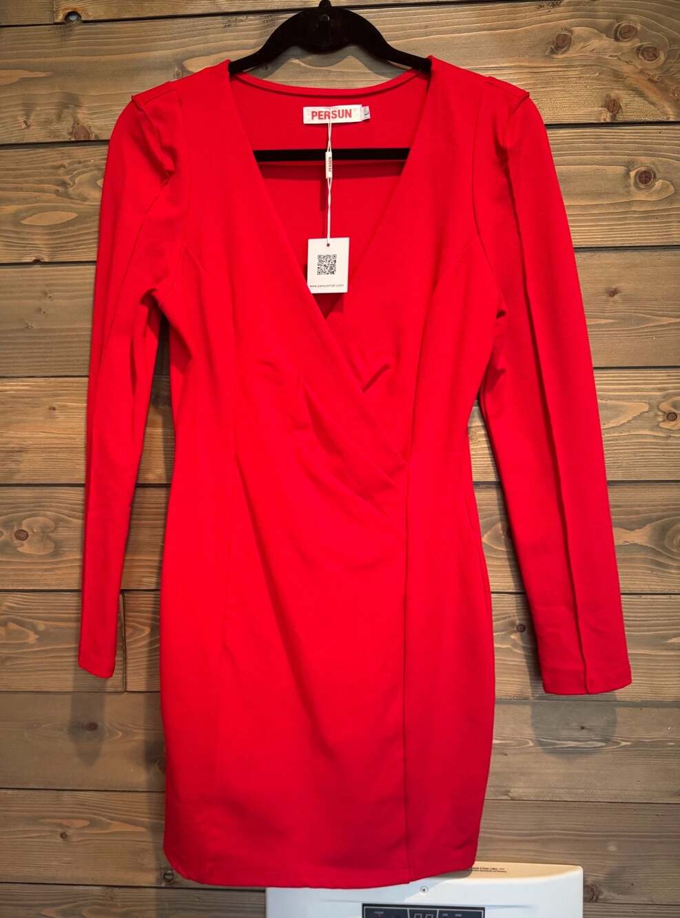 Persun Red V-Neck Long Sleeve Bodycon Wrap Mini Dress Size L NWT